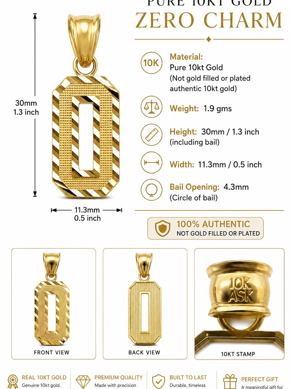 10K Gold Rectangular 'Zero' Charm Pendant - Gold